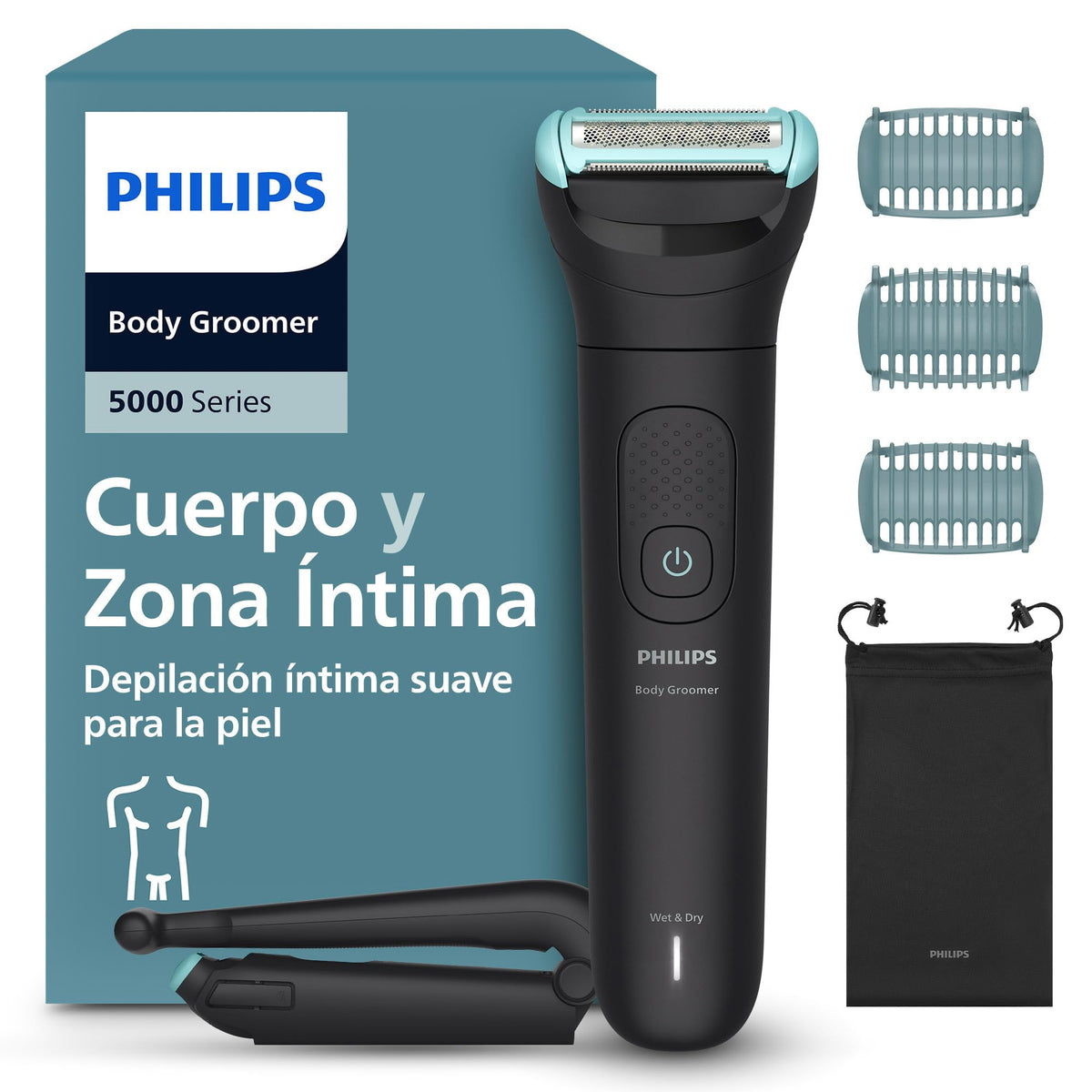 Philips Bodygroom series 5000, Afeitadora corporal, íntimo y delicado con la piel,Sistema de afeitado Triple Protect, Accesorio para la espalda, Peines recortadores de 2, 3 y 5 mm, negro BG5480/15