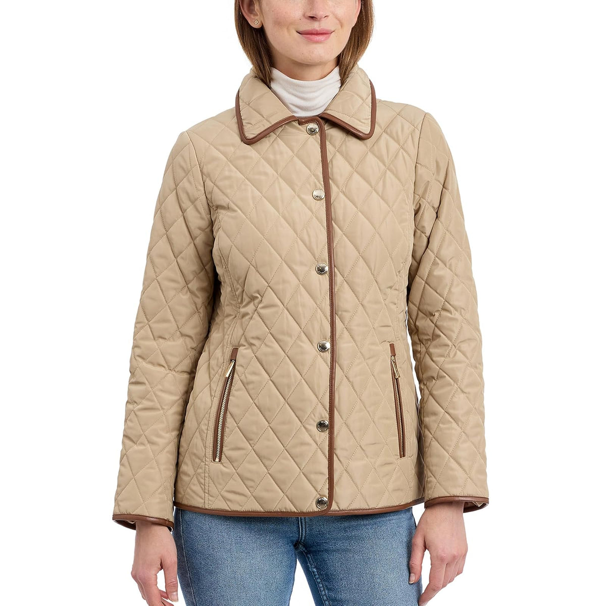 Michael Kors Chamarra Acolchada Ligera con Ribete Mujer - G - Caqui
