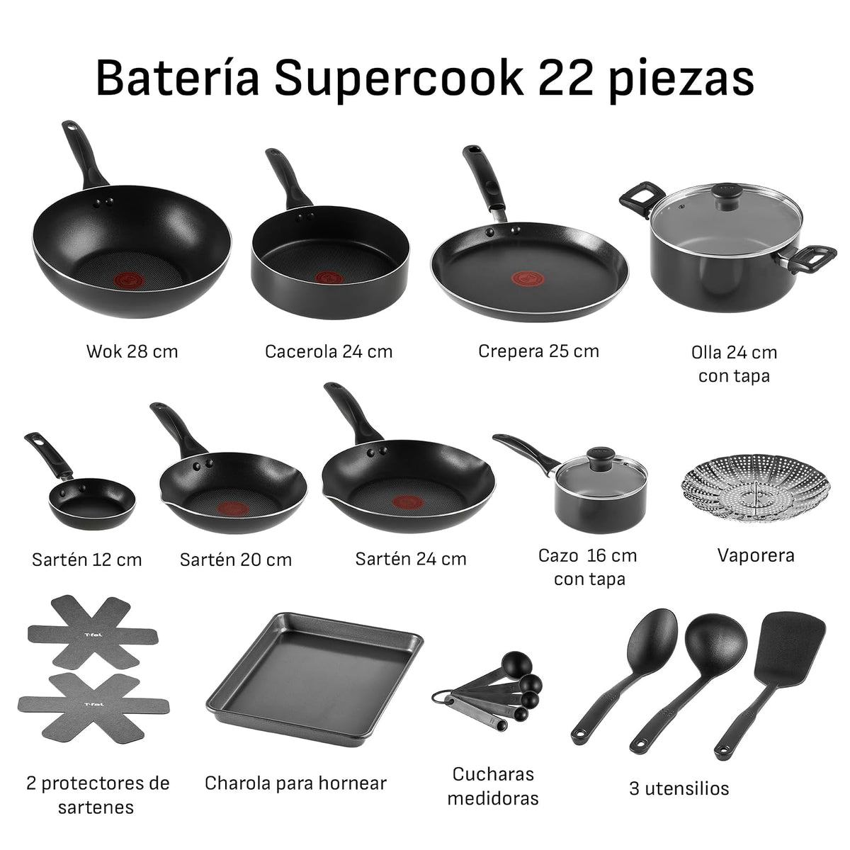 T-fal Batería de Cocina 22 Piezas Supercook Tita Negra Antiadherente Titanium, Thermo-Señal, Ollas y Sartenes, Set Completo para Cocina, Fácil Limpieza, B968SM84