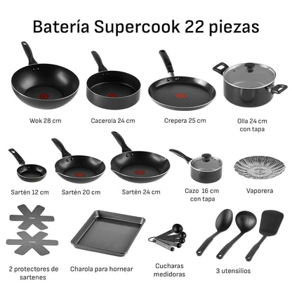 T-fal Batería de Cocina 22 Piezas Supercook Tita Negra Antiadherente Titanium, Thermo-Señal, Ollas y Sartenes, Set Completo para Cocina, Fácil Limpieza, B968SM84