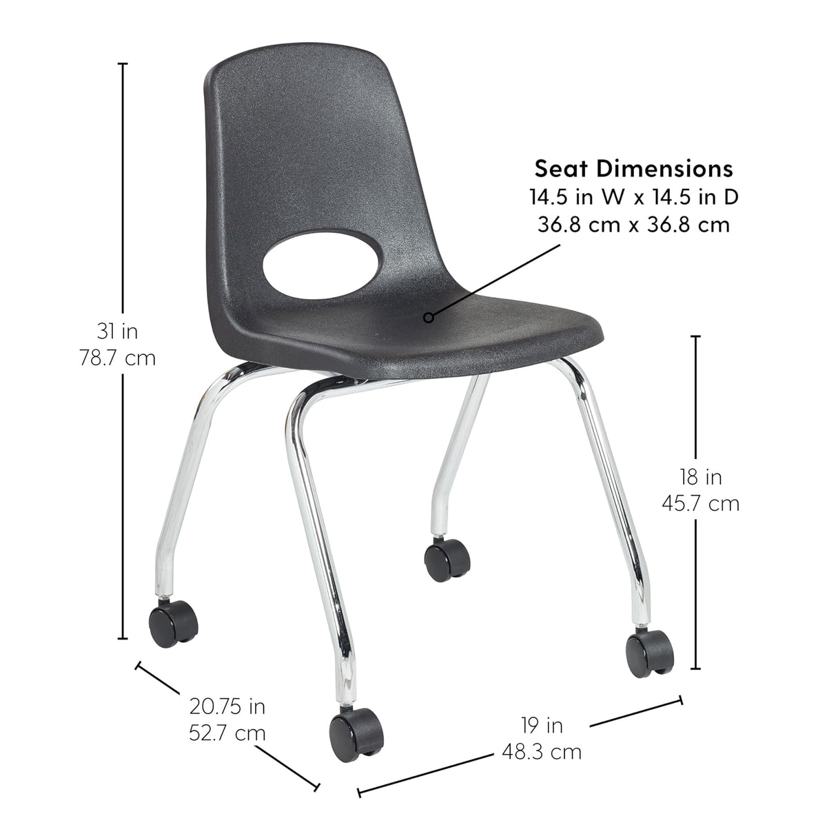 Factory Direct Partners - 10372-BK -10372 - Silla escolar móvil de 18 pulgadas con ruedas para niños, adolescentes y adultos; asiento ergonómico para aprendizaje en casa, aula u oficina, color negro (paquete de 2)