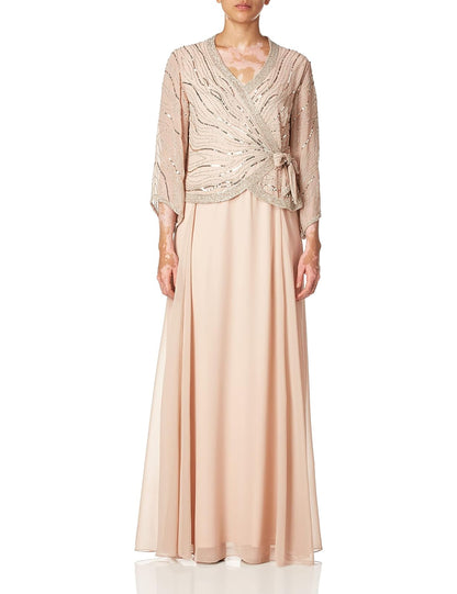J Kara Vestido Largo de Manga 3/4 con Cuello en V y abalorio sintéticas. Vestido para Ocaciones Especiales para Mujer