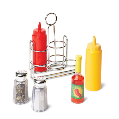Melissa & Doug ¡Juguemos de Casita! Condimentos de Juguete, Juego de Imitación, Organizador Resistente de Metal, Efectos de Sonido Realistas, 6 Piezas