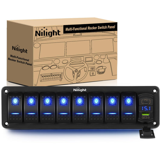 Nilight - Panel de interruptor de 8 bandas con PD tipo C y cargador USB, voltímetro de 12 V, SPST, interruptor de encendido y apagado con retroiluminación azul, panel de interruptor