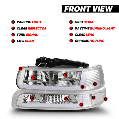 M-Auto Juego de 4 Faros Delanteros con Tira LED DRL Compatible con 99 00 01 02 Chevy Silverado 1500HD 2500HD 3500HD, 00-06 Suburban 1500 2500 Tahoe