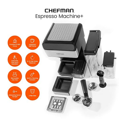Chefman - Máquina de café espresso , Prepare espresso, capuchinos, lattes y más con calidad de una cafetería, depósito de agua de 1,8 litros, acero inoxidable