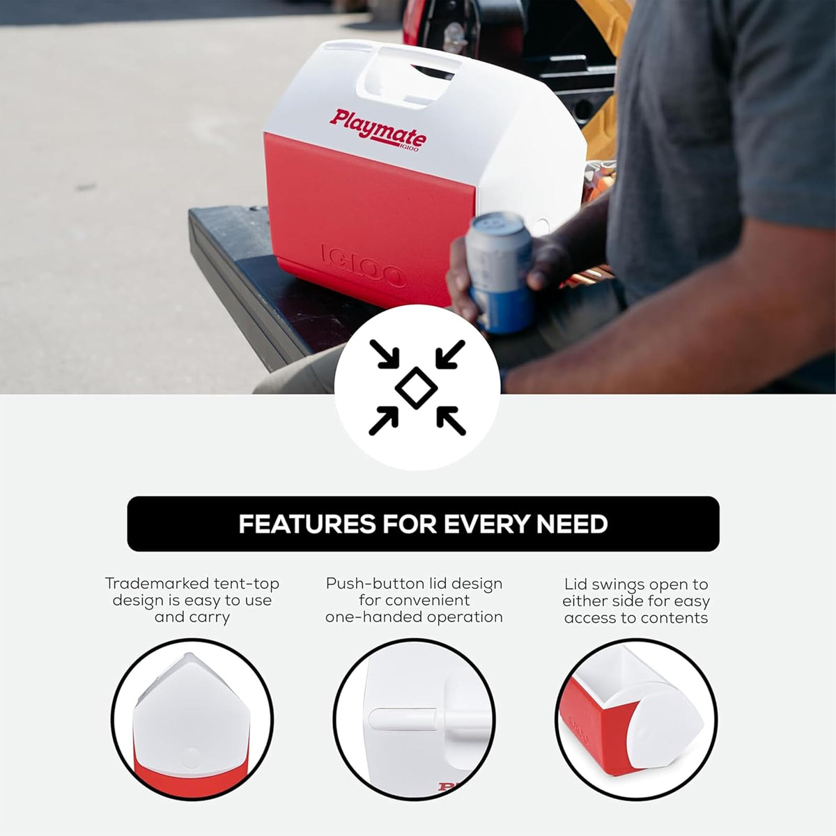 Igloo Playmate Elite Cooler Rojo/Blanco, 16 Qt | Baúl de hielo aislado, capacidad para 30 latas, diseño de tienda de campaña, tapa de botón, asa de transporte moldeada