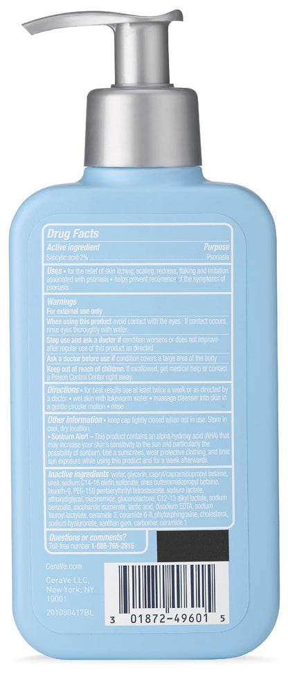 Limpiador CeraVe para tratamiento de psoriasis, 8 onzas, con ácido salicílico y urea para piel seca, alivio de picor, sin fragancia