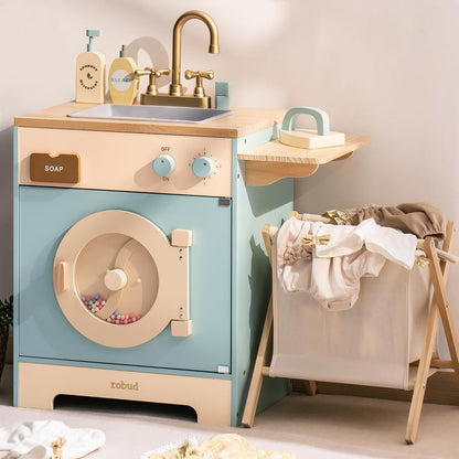 ROBUD Lavadora Infantil de Madera con Cesta de lavandería, Tabla de Planchar, detergente y más, Apta para niños a Partir de 3 años.