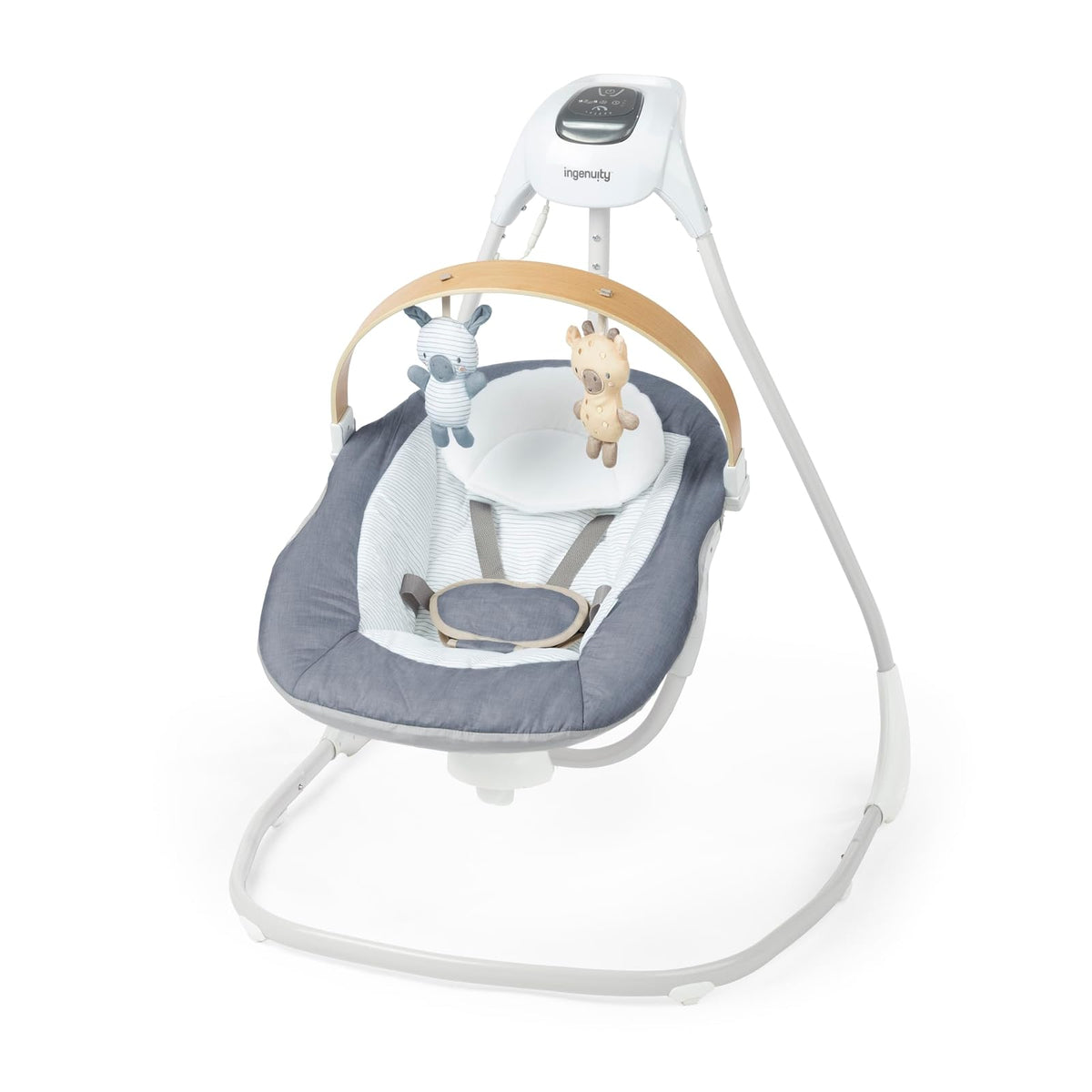 Ingenuity SimpleComfort - Columpio calmante compacto, barra de juguetes giratoria, asiento giratorio, 6 velocidades, para edades de 0 a 9 meses, hasta 20 libras, Chambray