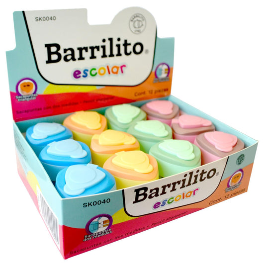 Barrilito Sacapuntas plástico doble grande con deposito, en forma triangular, caja con 12 piezas. SK0040