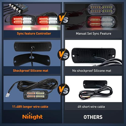 Nilight - 4 luces LED estroboscópicas de 12 V, 24 V, función de sincronización, color rojo, blanco, 24 LED, luces de advertencia de peligro de emergencia con driver de cable duro o enchufe de
