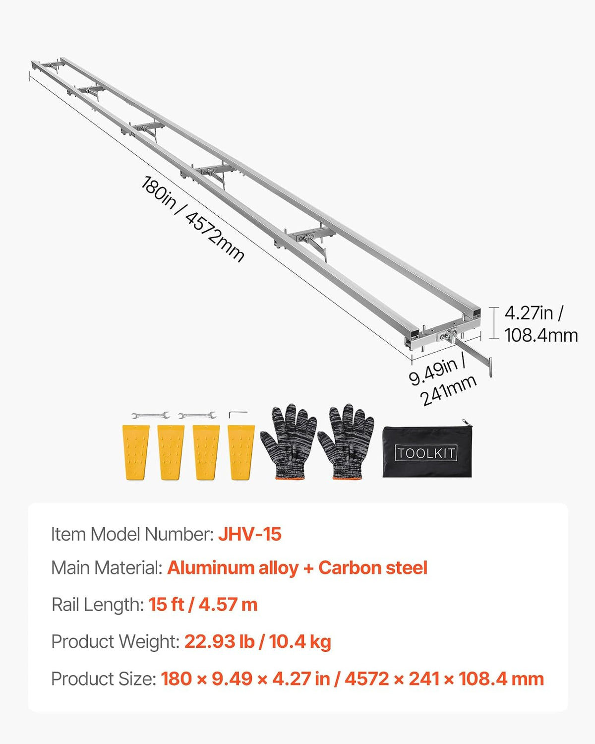 VEVOR Aserradero Móvil para Motosierra 4,57 m, Riel de Guía para Aserraderos Móviles con 6 Barras Transversales, 4 Cuñas, Kit de Guía de Fresado de Rieles Ajustable para Constructores, Carpinteros