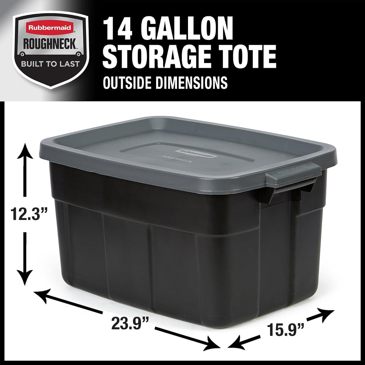 Rubbermaid - Contenedores de almacenamiento de plástico negro resistentes con tapas para almacenamiento, apilables, de gran capacidad, duraderos, multiusos, 14 galones, 6 unidades (14 galones, 6