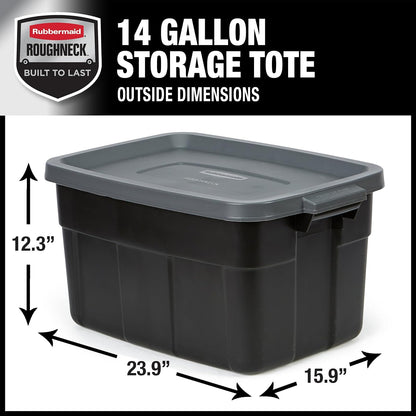 Rubbermaid - Contenedores de almacenamiento de plástico negro resistentes con tapas para almacenamiento, apilables, de gran capacidad, duraderos, multiusos, 14 galones, 6 unidades (14 galones, 6