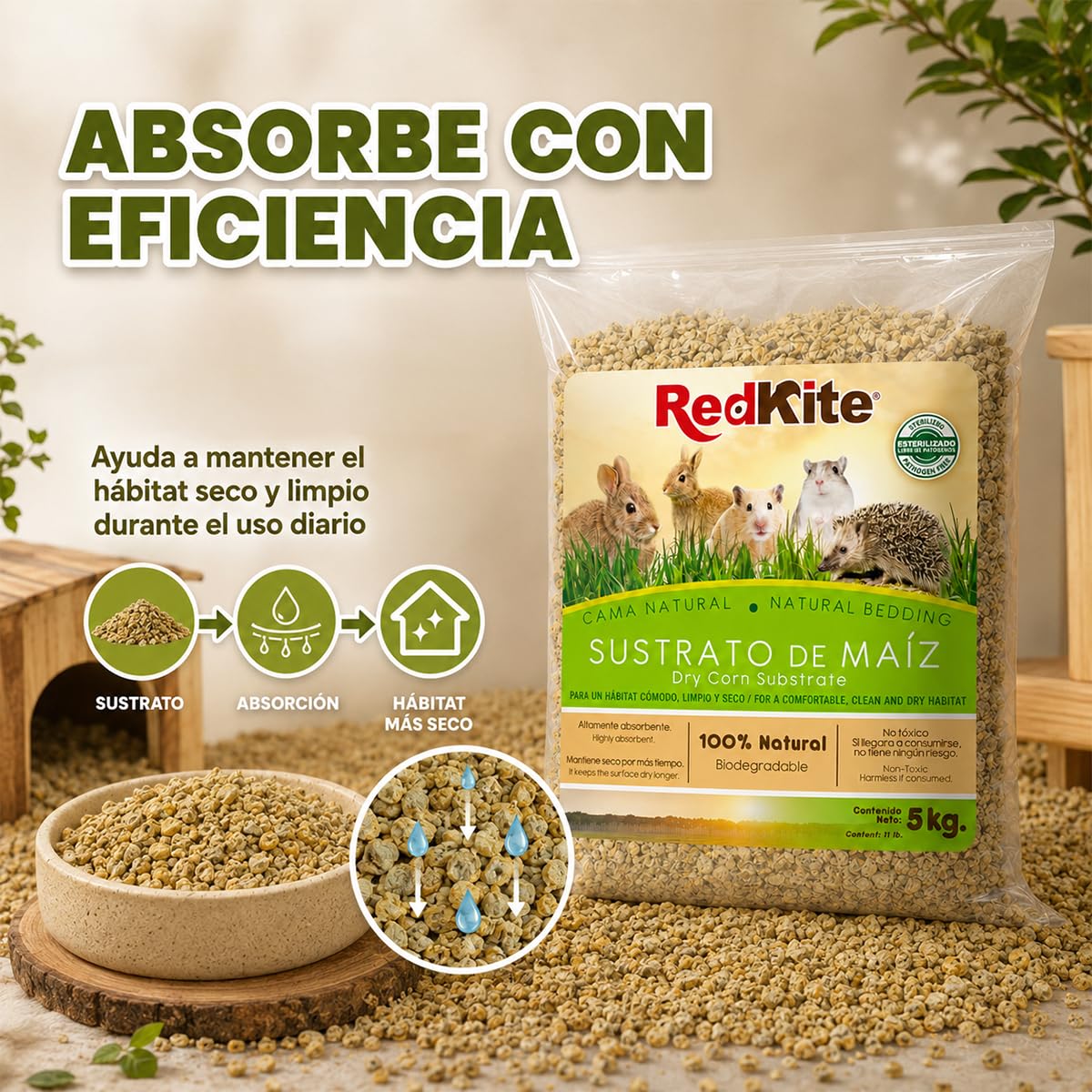 Red Kite Sustrato de Maíz Natural para Pequeños Mamíferos y Aves, 100% Natural, Alta Absorción, 5 kg