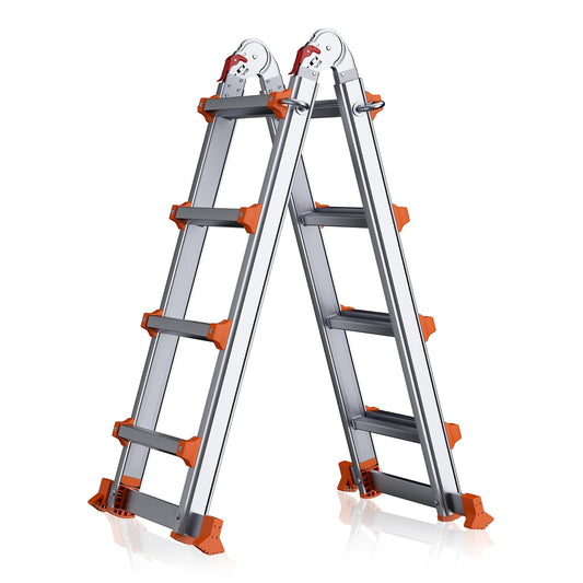 Escalera telescópica con Marco en A de 14 pies con Barra estabilizadora, Escalera de extensión Plegable de Aluminio de 4 escalones, compacta y Ahorra Espacio para Trabajo doméstico o al Aire última