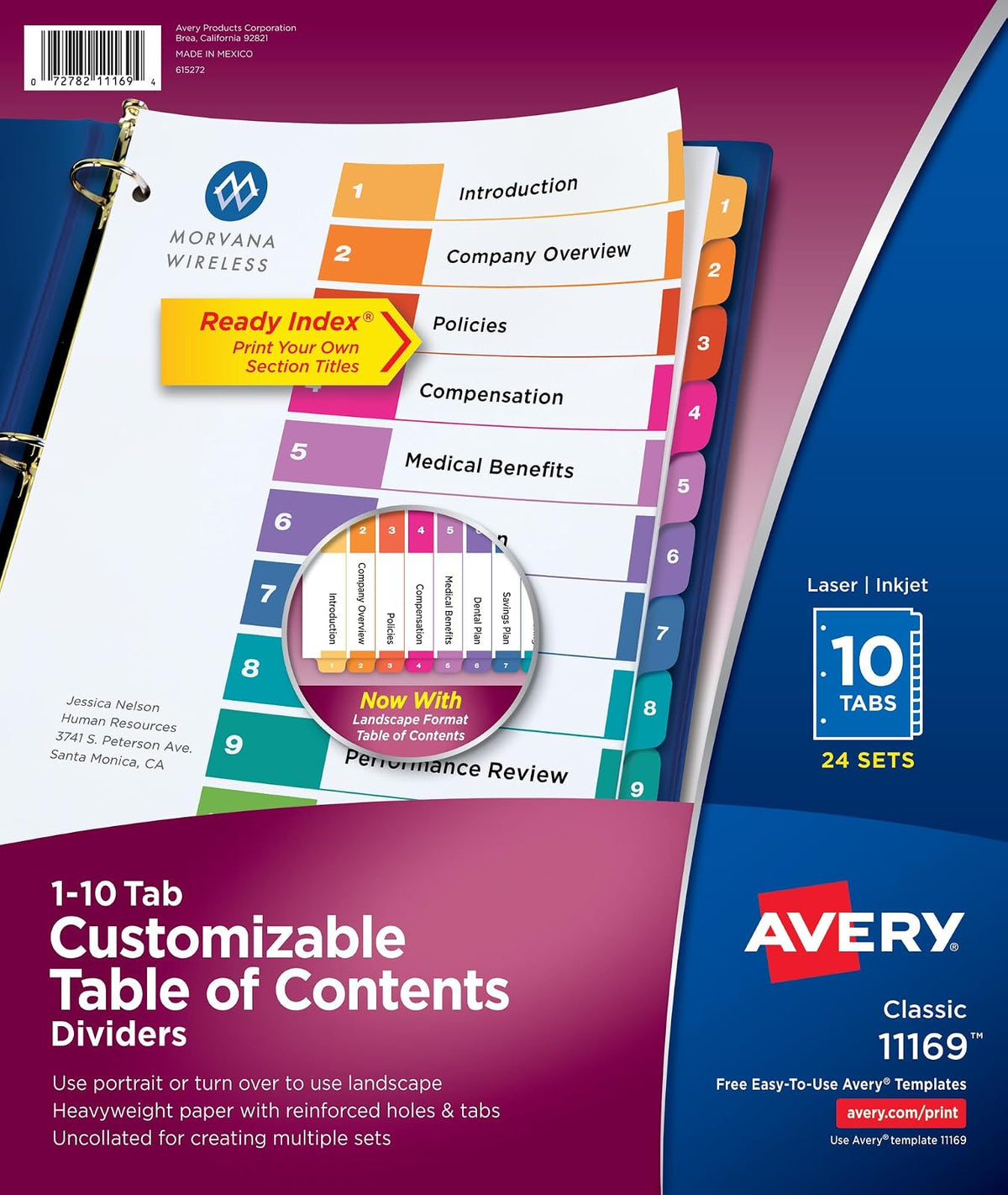 Avery 11169 Divisores 10 Pestañas para Carpetas 3 Anillos | Tabla de contenido personalizable, pestañas multicolores, 24 juegos - Multicolor - 10 tabs