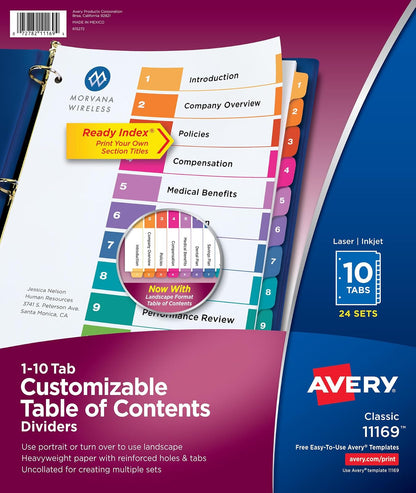 Avery 11169 Divisores 10 Pestañas para Carpetas 3 Anillos | Tabla de contenido personalizable, pestañas multicolores, 24 juegos - Multicolor - 10 tabs