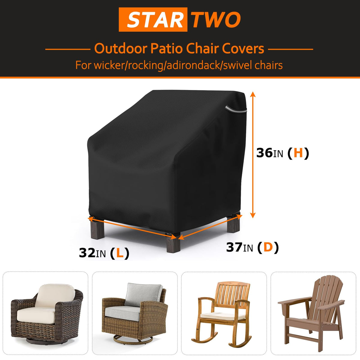 STARTWO Funda para Silla de Patio | Tamaño 32"W x 37"D x 36"H, 1 paquete, impermeable, fibra Oxford 600D