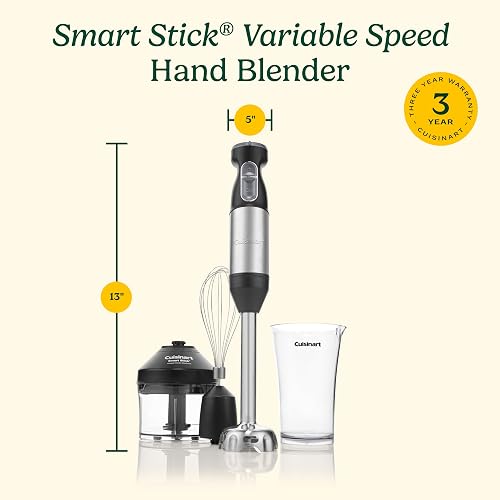 Cuisinart Batidora de Inmersión Smart Stick 300W con Accesorios | 300W. Incluye Eje acero con aspas de acero 20 cm, Mini chopper 3 tazas, Batidor globo, Taza 700 ml, Control pulso y velocidad