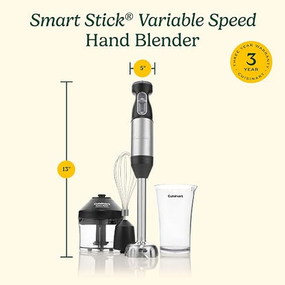 Cuisinart Batidora de Inmersión Smart Stick 300W con Accesorios | 300W. Incluye Eje acero con aspas de acero 20 cm, Mini chopper 3 tazas, Batidor globo, Taza 700 ml, Control pulso y velocidad
