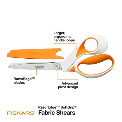 Fiskars RazorEdge - Tijeras de tela resistentes de 9 pulgadas con mango ergonómico SoftGrip, cuchillas de acero inoxidable de grado superior