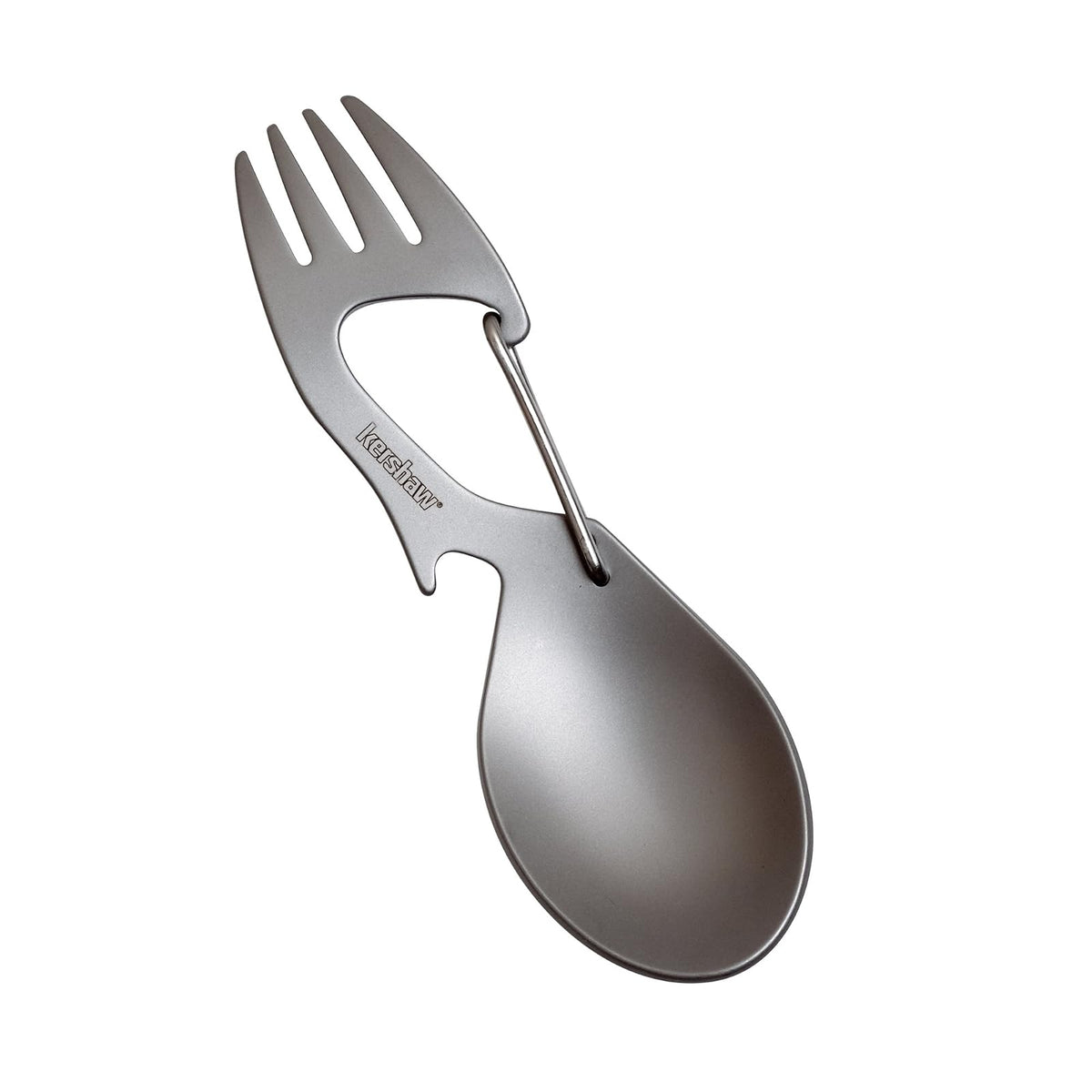Kershaw Ration - Espátula Multiherramienta, Cuchara de Acero Inoxidable, Tenedor, mosquetón y abridor de Botellas, Longitud Regular y XL