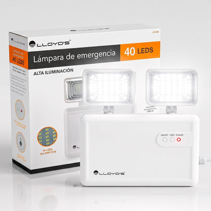 Lloyd's Lámpara de Emergencia 40 LED 1200 LM IP65 con 2 Reflectores | Hasta 5 horas de respaldo con encendido automático, batería recargable y reflectores orientables para mayor cobertura.