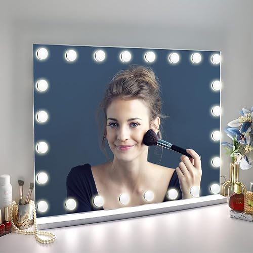 Despful - Espejo de Maquillaje con Luces de 80 x 59 cm, 10 Espejos Grandes con iluminación de Hollywood con 24 Bombillas LED Regulables, 3 Modos de Color, Control táctil para recámara, Mesa o Pared,