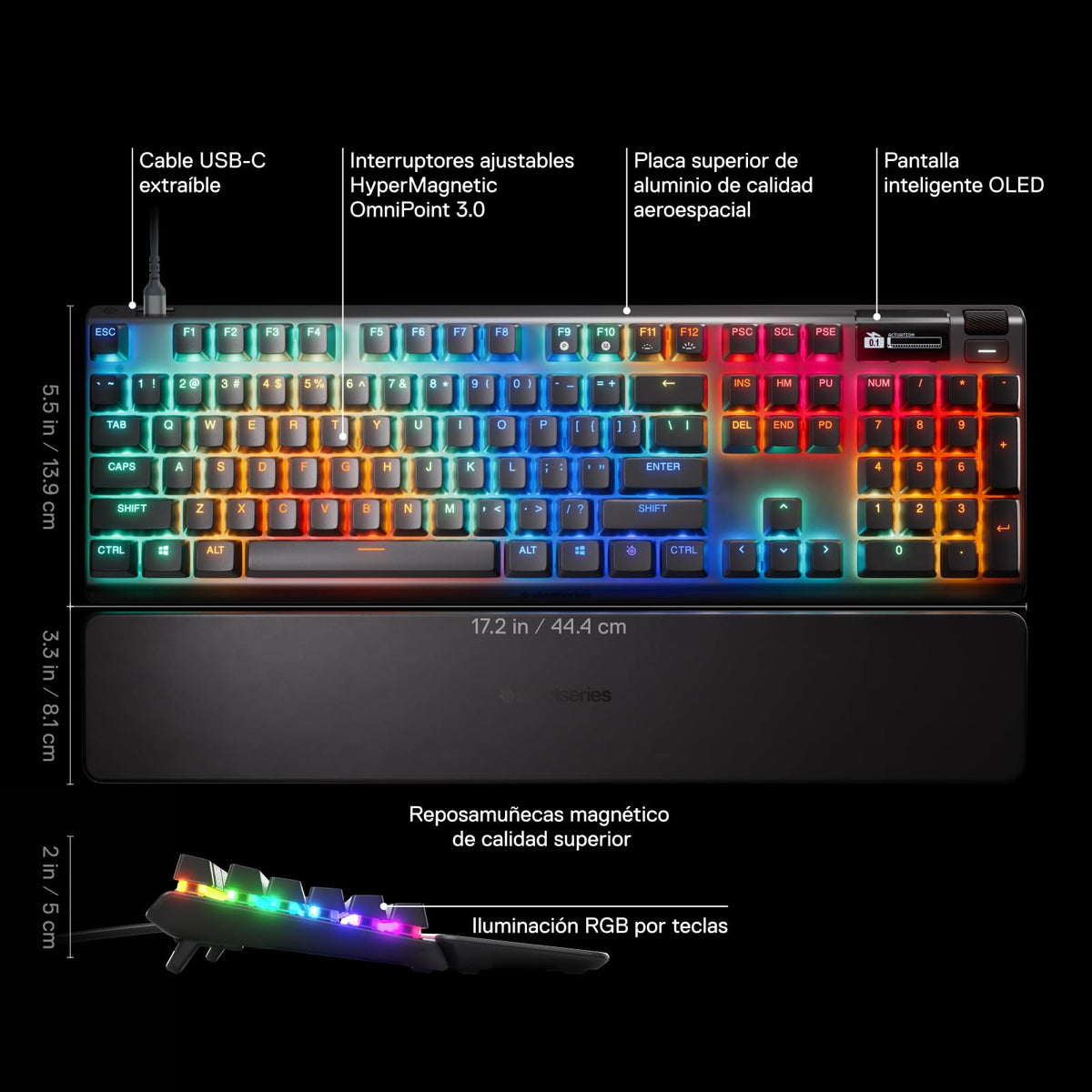SteelSeries Apex Pro Gen 3 OmniPoint 3.0 Interruptores hipermagnéticos — Actuación Ajustable — Disparador rápido — Presets listos para el Juego — Modo de protección — Tap/SOCD — OLED — RGB — Teclas