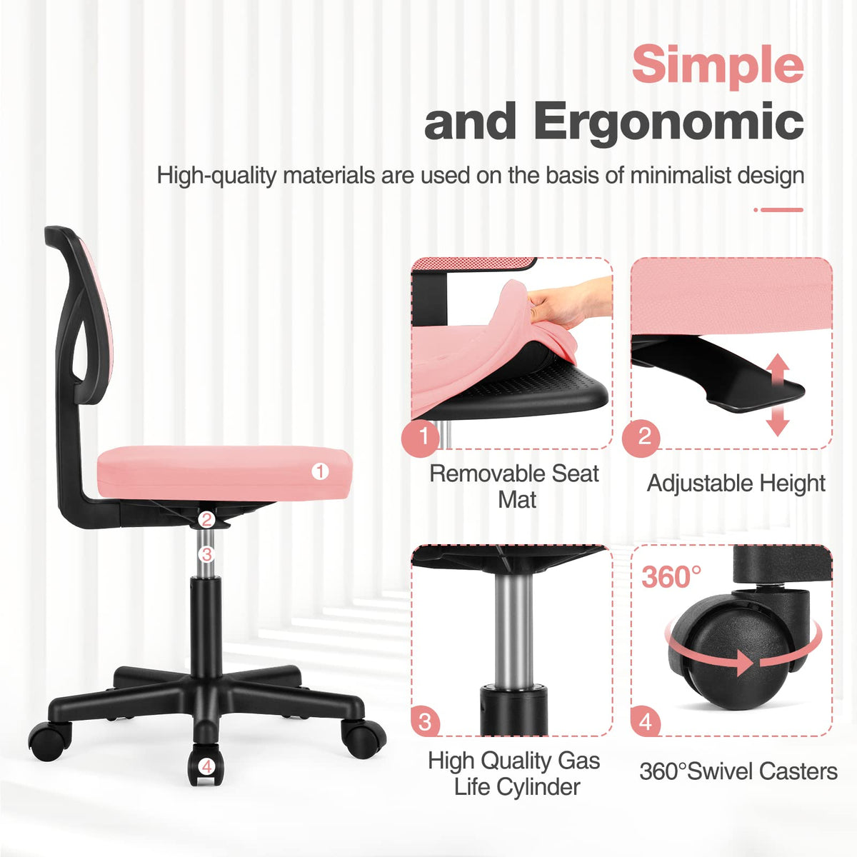 Sweetcrispy - Silla de computadora de Oficina, ergonómica, con Respaldo bajo, con Ruedas, Asiento cómodo sin Brazos, Soporte Lumbar para el hogar, recámara, Estudio, Estudiante, Adultos, Color Rosa