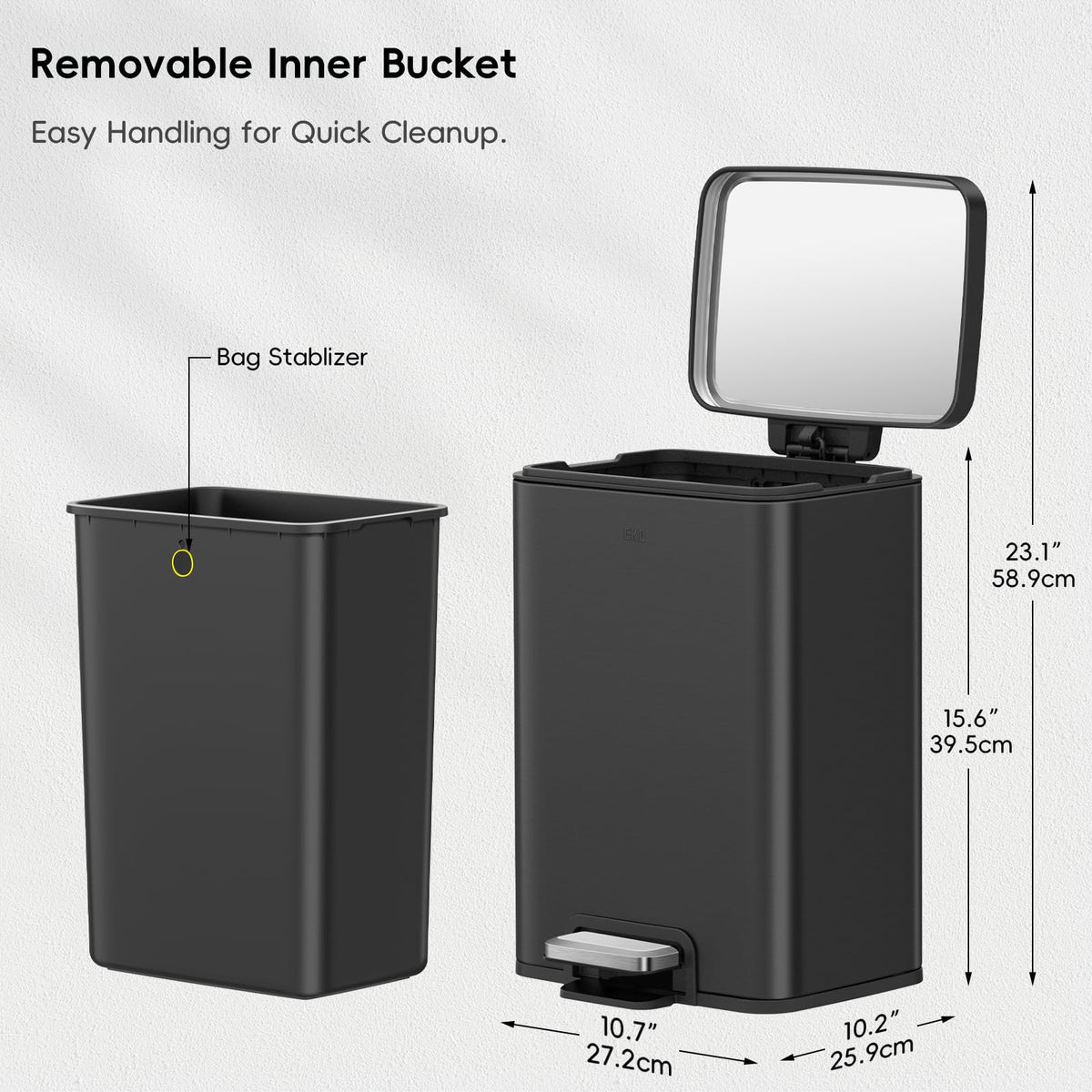 EKO Madison - cubeta de basura para baño de 12 litros/3.2 galones con tapa y cesta interior extraíble, cubeta de basura rectangular pequeño paso