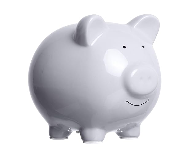 Pearhead - Alcancía grande de cerámica, ideal para niños y niñas, dinero y monedas para niños, decoración perfecta para guardería de bebé, gran regalo y recuerdo para recién nacidos, color gris sólido