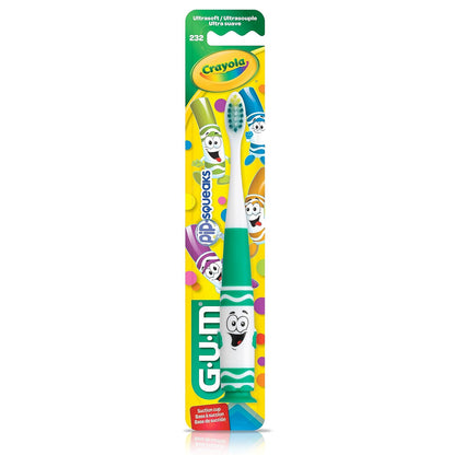 GUM Crayola Pip-Squeaks - cepillo para polvo de dientes manual para niños, cerdas extra suaves para niños pequeños a partir de 3 años, base de ventosa, 1 unidad (paquete de 4)