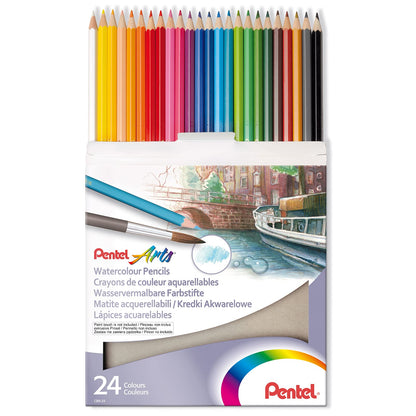 Pentel Arts Lápices de Colores Acuarelables, Mina Gruesa, Estuche con 24 Piezas, CB9-24-EST
