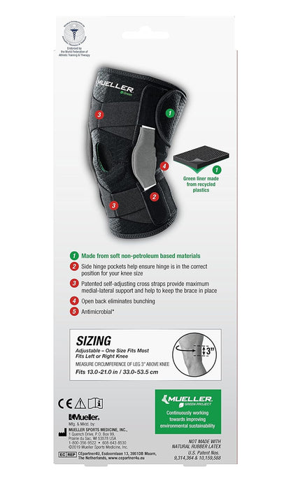 Mueller Green - Rodillera ajustable con bisagras, negro/verde, talla única | Mueller Green está hecho de materiales reciclados