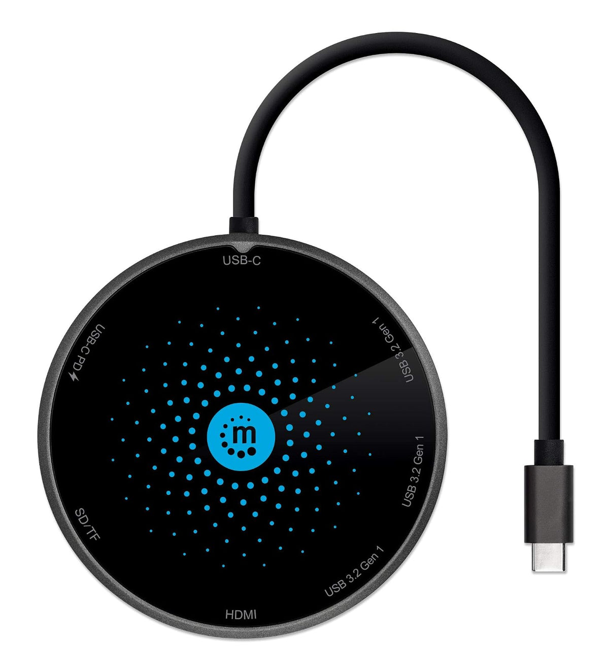 Manhattan 166560 Docking USB-C con Base de Carga inalámbrica, Cable con USB-C Macho a Base Docking con un Puerto HDMI, un Puerto USB-C Hembra PD, 3 Puertos USB-A, Lector de Tarjetas