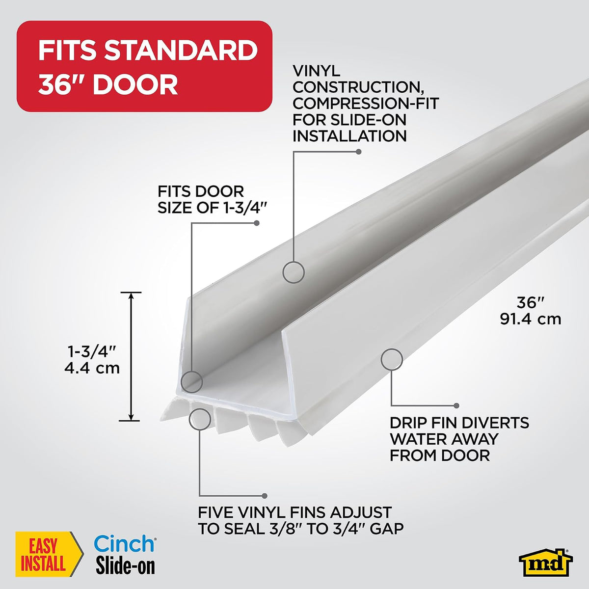 M-D Building Cinch® Sello deslizante debajo de la puerta en forma de U | Vinilo rígido y flexible, bloquea las corrientes de aire, humedad y polvo, ajuste de compresión, no requiere hardware