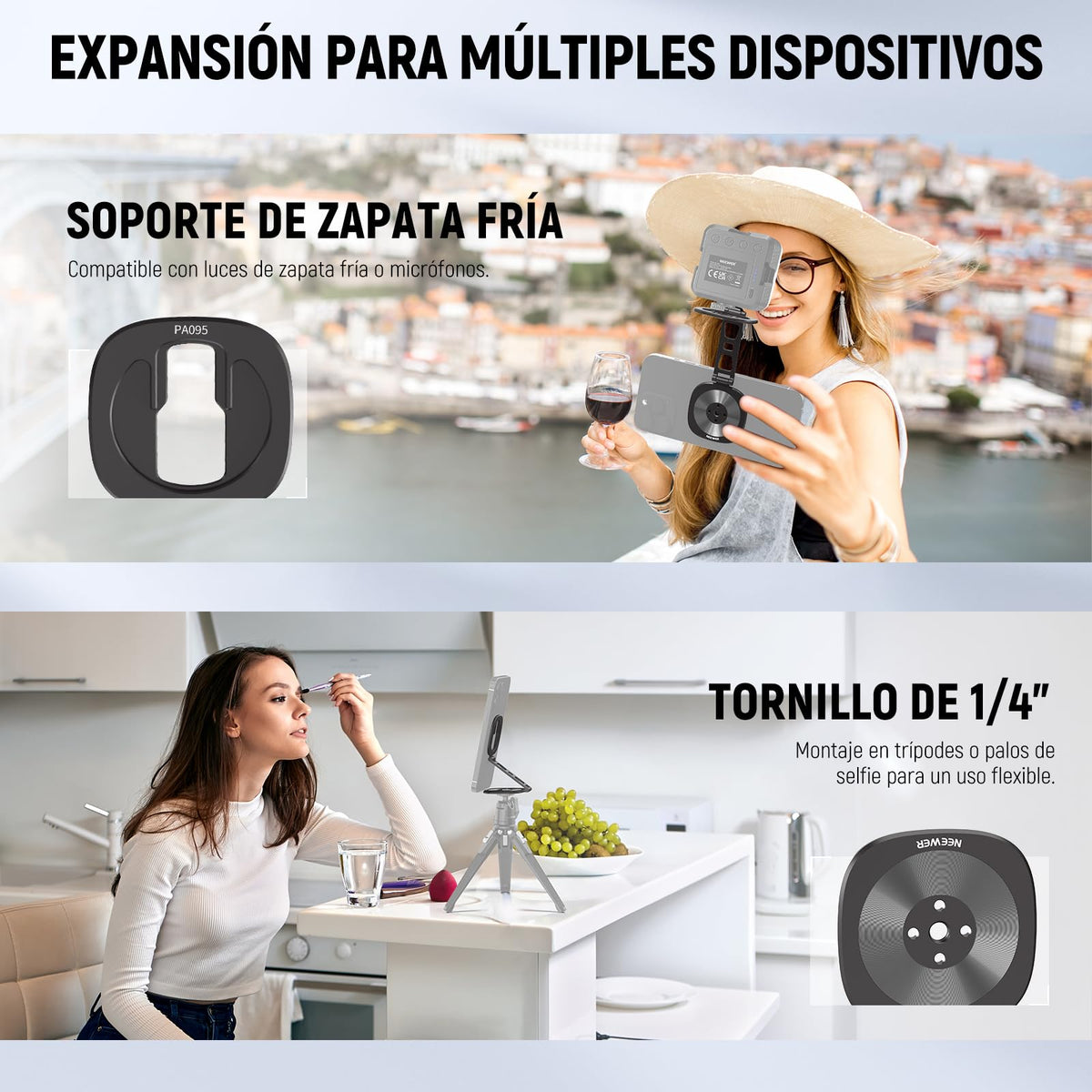 NEEWER - Soporte magnético Doble para teléfono Celular, Soporte de trípode con Rosca de 1/4 Pulgadas y Soporte para Zapato fría, Compatible con MagSafe iPhone, Samsung Android para grabación de Video