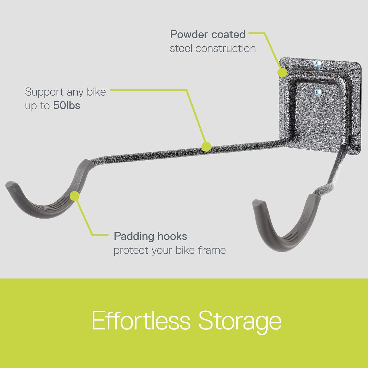 Delta Cycle - Soporte de pared para bicicleta individual, soporte horizontal para bicicleta, diseño de gancho resistente que proporciona una fácil instalación de acceso de almacenamiento, soporte soporta hasta 50 libras