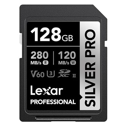 Tarjeta Lexar Profesional 128GB Silver Pro SDXC UHS-II Clase 10, U3, V60, Silver Pro (Lectura hasta 280MB/s Read, Escritura hasta 120MB/s)