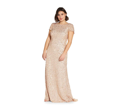 Adrianna Papell Vestido de Lentejuelas Manga Corta - Champaña - Dorado - 16