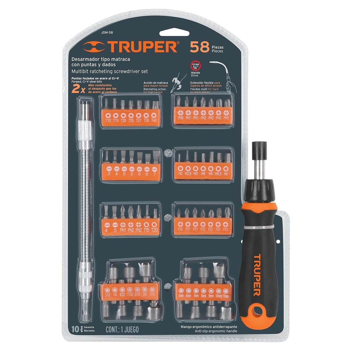 Truper JDM-58, Desarmador tipo matraca con 42 puntas y 14 dados