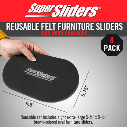 Super Sliders - Deslizadores ovalados de muebles reutilizables de 5 3/4 pulgadas x 9 1/2 pulgadas para superficies duras, movimiento sin esfuerzo y protección de superficie, café (paquete de 8)