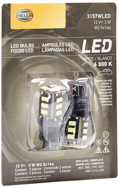 HELLA Set de 2 Focos Mini LED 3157, Luz Blanca de 6,000 K, para uso exterior, luz precisa, intensa y de aspecto moderno, 12V, 3W Blíster con 2 focos, 358250032