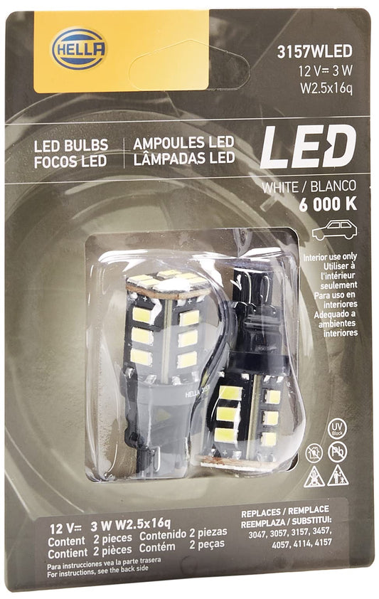 HELLA Set de 2 Focos Mini LED 3157, Luz Blanca de 6,000 K, para uso exterior, luz precisa, intensa y de aspecto moderno, 12V, 3W Blíster con 2 focos, 358250032