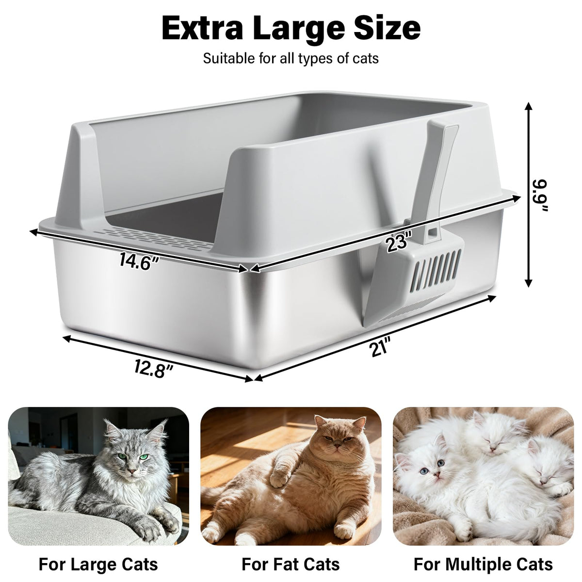 Paquete de 2 Cajas de Arena para Gatos de Acero Inoxidable con Tapas y tapetes: Juego de Caja de Arena de Metal Extragrande, de Alta Cara, fácil de Limpiar, Antiadherente, sin Olor y Resistente al