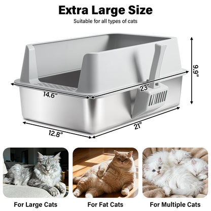 Paquete de 2 Cajas de Arena para Gatos de Acero Inoxidable con Tapas y tapetes: Juego de Caja de Arena de Metal Extragrande, de Alta Cara, fácil de Limpiar, Antiadherente, sin Olor y Resistente al