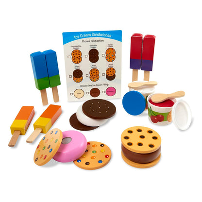 Melissa & Doug Set de Golosinas Congeladas de Juguete | 24 piezas, alimento de juguete rebanable, 6 galletas, rellenos de helado, paletas de hielo, cucharas, tazas, tapas